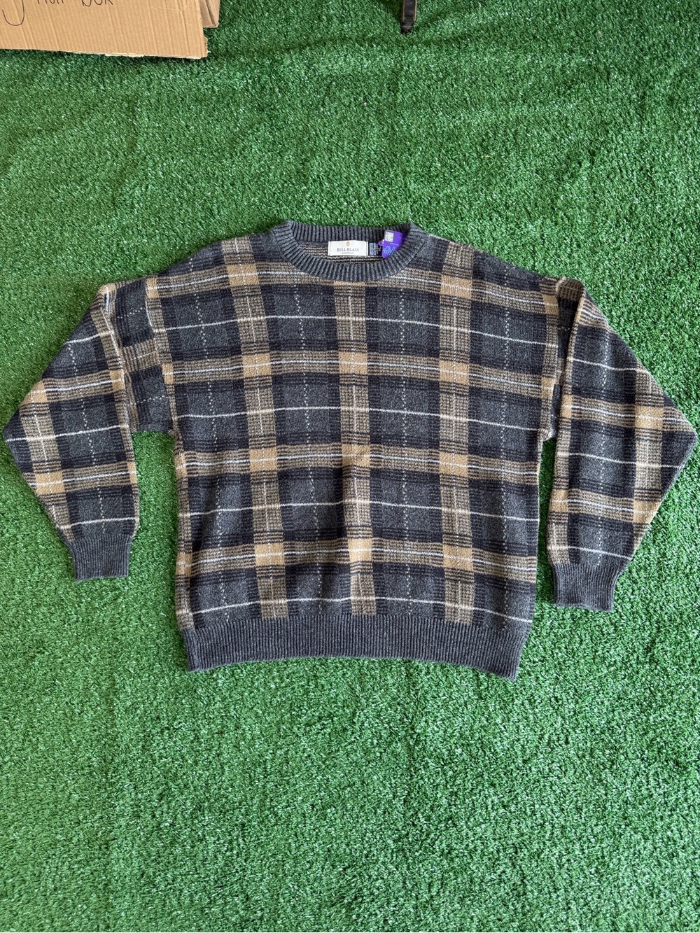 Men's Plaid Crewneck Sweater - Charcoal and Tan